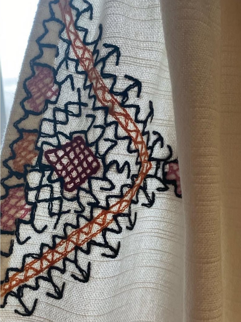 Anthropologie Cream Curtain Panel with Navy and Rust Embroidery